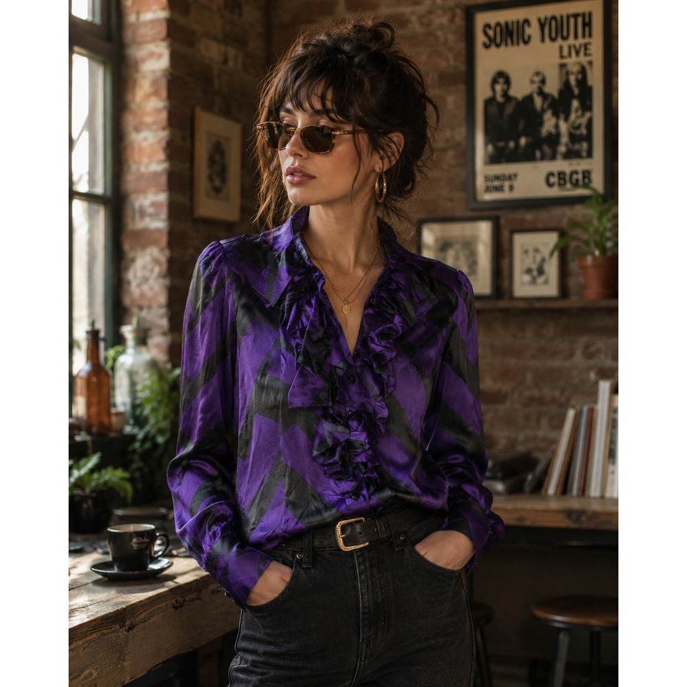 Valencia‎ Purple Black Geometric Chevron Ruffle Front Button Down top 100% silk